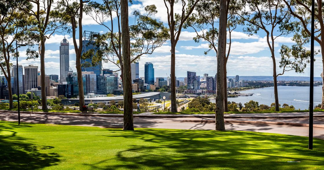 Perth city skyline and Swan River viewed from Kings Park