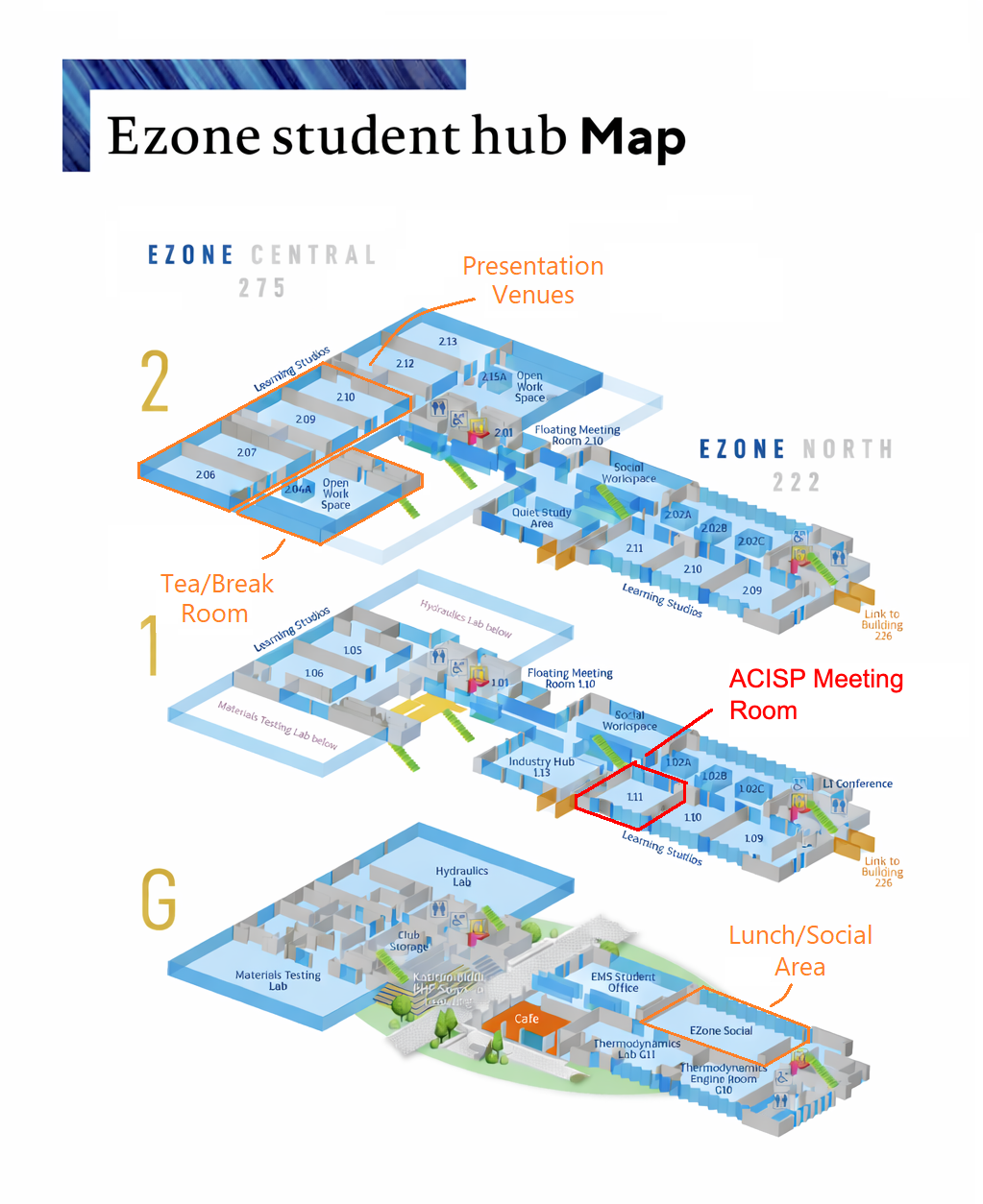 EZONE Central floor plan showing Rooms 206, 207, 209, and 210 on Level 2